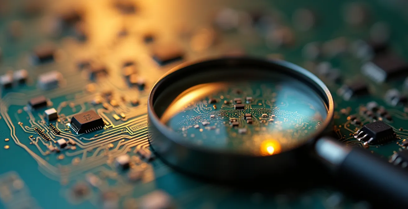 Loupe examinant de très près un circuit imprimé révélant des détails complexes