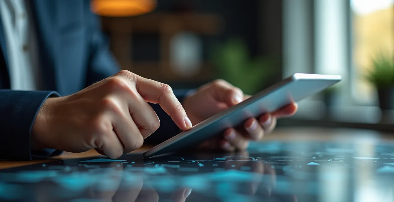 Mains analysant des données sur tablette avec graphiques en arrière-plan flou