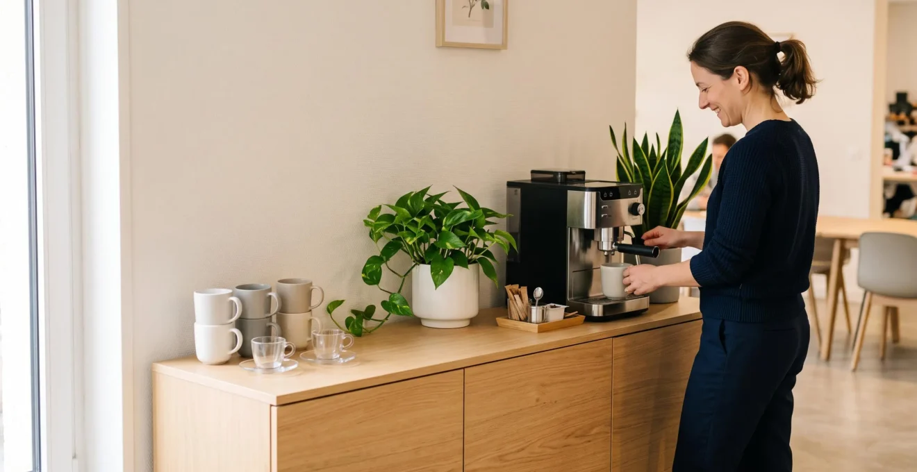 Coin salle de pause avec desserte claire, cafetière professionnelle, tasses rangées et plantes vertes, lumière naturelle douce