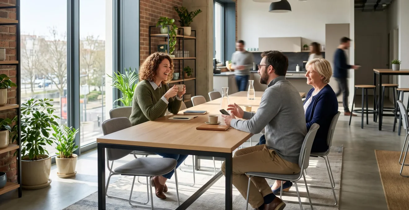 Salle de pause d'entreprise lumineuse avec tables de réfectoire en stratifié clair, collaborateurs en pause déjeuner, chaises empilables professionnelles et plantes vertes