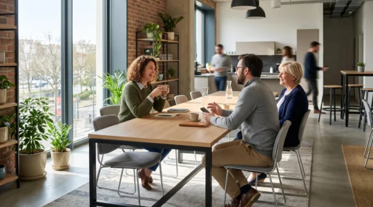 Salle de pause d'entreprise lumineuse avec tables de réfectoire en stratifié clair, collaborateurs en pause déjeuner, chaises empilables professionnelles et plantes vertes