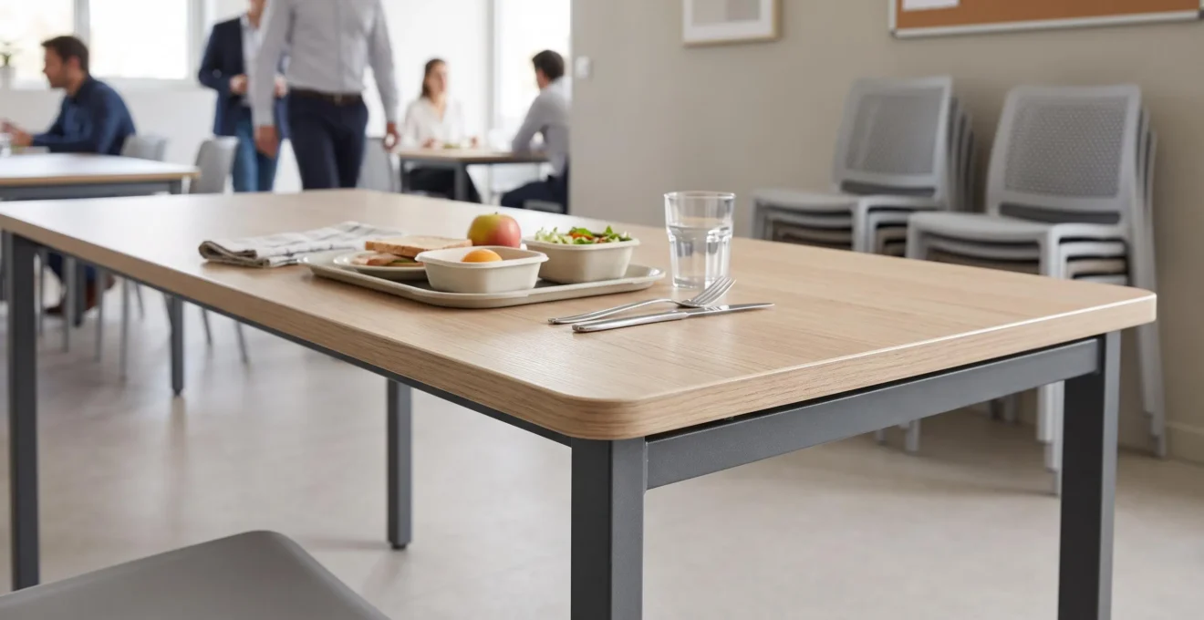 Table de réfectoire professionnelle plateau stratifié chêne clair et piètement métallique graphite, avec plateau-repas posé, dans salle de pause d'entreprise